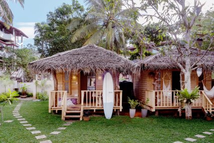 Front view of our double room cabana and surf dorm